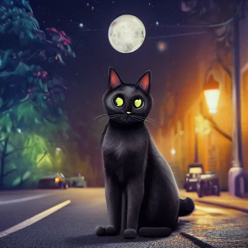 Image similar to the most beautiful black cat ever seen with big eyes in the middle of the street at mid night with the moon in the sky. Award winning. Unreal 5. Realistic. Highly detailed. Artstation. Professional photographer.