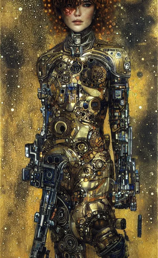 Image similar to cybernetic female supersoldier armed with laser rifle, intricate detail, klimt, royo, whealan,