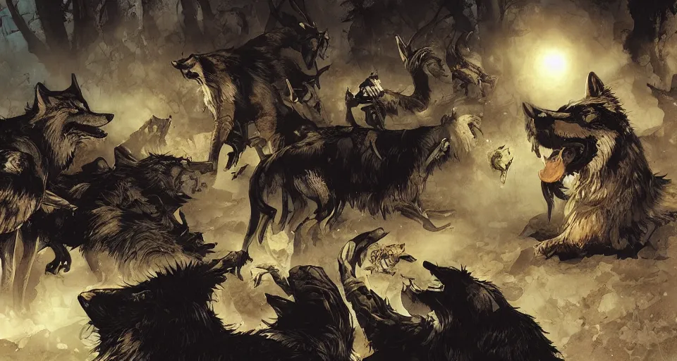 Image similar to WOLVES AND THEIR TREASURES. By Travis Charest, James Gurney, and Ashley Wood. dramatic lighting. Magic the gathering. digital painting.