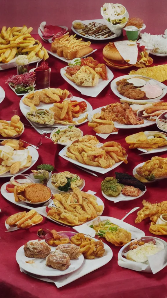 Prompt: 6 0 s food photography of a lavish spread of fast food from mcdonald's, on a velvet table cloth, soft focus