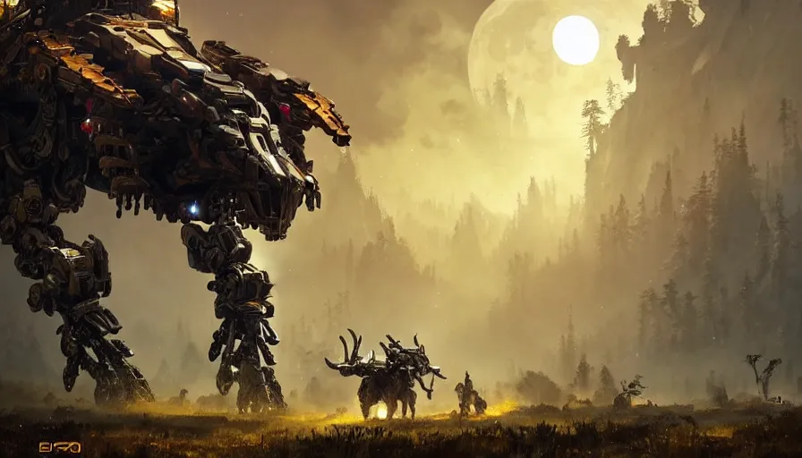 Prompt: large walking mech covered in gold and silver armor, horizon zero dawn aesthetic, beautiful moon lit night, many glowing lights, beautiful forests and trees, intricate detail, epic wallpaper, art by darek zabrocki and John Park and Feng Zhu and Jason Chan, trending on artstation, masterpiece.