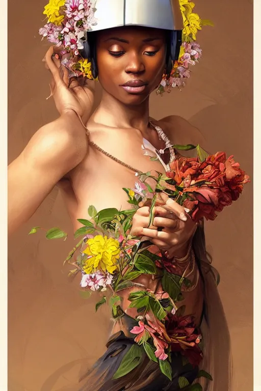 Prompt: ultra realistic illustration, beautiful swahili woman with flowers blossoming from helmet, elegant, highly detailed, digital painting, concept art, smooth, sharp focus, illustration, art by artgerm and greg rutkowski and alphonse mucha