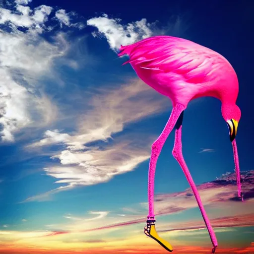 Prompt: goddess wearing a flamingo fashion in the clouds, photoshop, colossal, creative, giant, digital art, photo manipulation, clouds, sky view from the airplane window