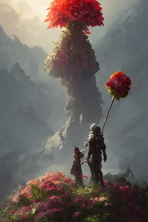 Image similar to a fancy portrait of a giant flower guarded by a worrier by Greg Rutkowski, Sung Choi, Mitchell Mohrhauser, Maciej Kuciara, Johnson Ting, Maxim Verehin, Peter Konig, final fantasy, Marco lense , 8k photorealistic, cinematic lighting, HD, high details, atmospheric , trending on artstation