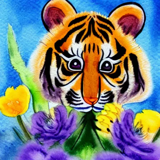 Image similar to a cute tiny tiger baby smelling a flower, watercolor, very detailed, high quality