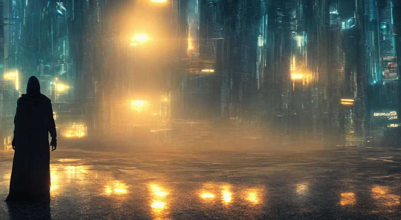 Image similar to a singular cloaked figure standing in the foreground of a cyberpunk landscape, synth, puddles, sunrise