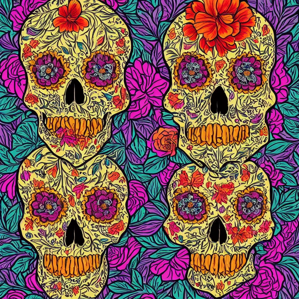 Prompt: a beautiful calavera illustration, very detailed, lots of vibrant colors, a single calavera is centered on the background, most beautiful picture in the world, trending on art station hq