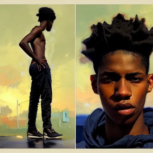 Prompt: Greg Manchess portrait painting of an afropunk male teenager 16 years old character, medium shot, athletic, asymmetrical, profile picture, Organic Painting, rainy and dramatic street light, matte painting, bold shapes, hard edges, street art, trending on artstation, by Huang Guangjian and Gil Elvgren and Sachin Teng