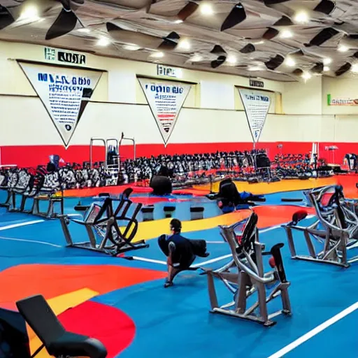 Prompt: a gym full of people preparing themselves for competetive sleeping, sports event, action photography