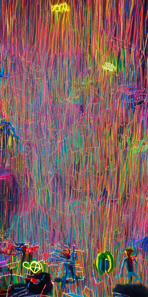 Image similar to group of giant rainbow-colored people dancing in a forest made out of fluffy pipecleaners and crumpled foil in the style of Jean-Michel Basquiat, 3D cinematic lighting, spotlight at a 90 DEGREE ANGLE, photorealism, octane render, depth of field, 8k, 35mm, artgem, Trending on artstation