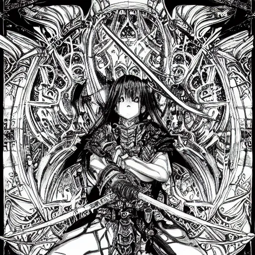 Image similar to highly detailed perspective drawing black and white goetic pen and ink manga panel by hiroya oku!! mucha sword concept art design