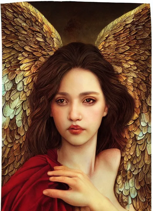 Prompt: a candid portrait of a female angel wrapped in cloth, her wings are fallen open by her side, in a roman castle, highly detailed, by tran nguyen and artgerm, warm colors