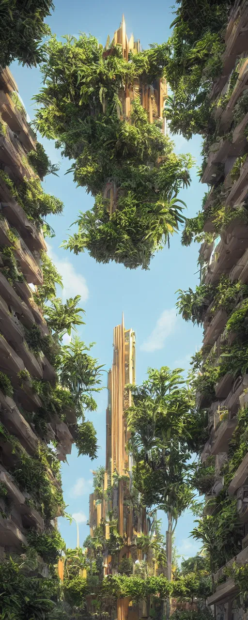 Image similar to solarpunk style, eye level view of a contemporary tower, golden intricate details, stone facade, sacred architecture, hanging gardens, cascading highrise, arid mountains with lush palm forest, photorealistic, sunlight, 8 k, post - production, octane, cgi, sfx