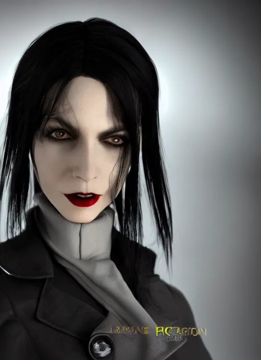 Prompt: black haired vampire woman in a trench coat, face enhance, realistic, ultra detailed, octane render, lovecraftian
