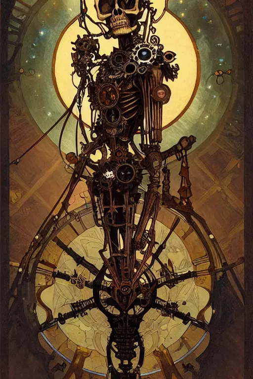 Image similar to a steampunk skeleton holding a star, tarot art, painting by greg rutkowski, alphonse mucha