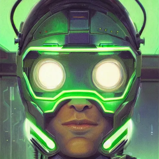 Image similar to robot with glowing green visor as a realistic scifi cyberpunk knight, closeup portrait art by donato giancola and greg rutkowski, realistic face, digital art, trending on artstation, symmetry!!!