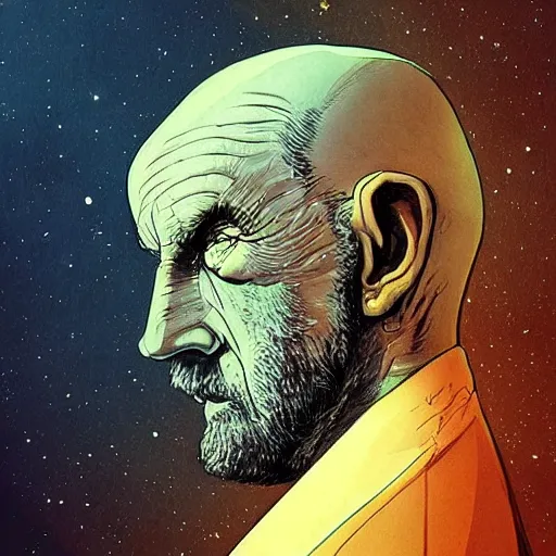 Image similar to “portrait of an old man. High quality sci fi illustration. Mœbius. Gruff looking. Grease. Mechanic. Masterpiece digital art.”