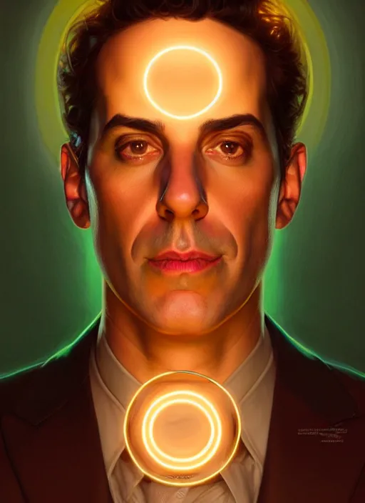 Image similar to symmetry!! portrait of seinfeld, glowing lights!! intricate, elegant, highly detailed, digital painting, artstation, concept art, smooth, sharp focus, illustration, art by artgerm and greg rutkowski and alphonse mucha