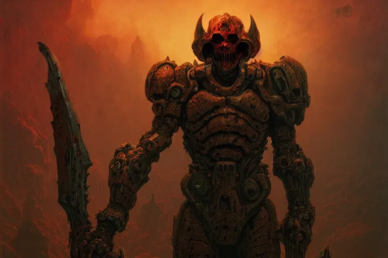 Image similar to portrait of doom slayer wearing his armor standing on top of a pile of demon corpses, heroic pose, by Zdzislaw Beksinski, id software, gothic, amazing details, volumetric lighting, 8k, cold hue's, warm tone gradient background