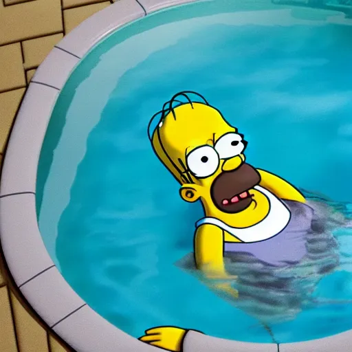 Image similar to Homer Simpson in a swimming pool dark and creepy 4K quality super realistic