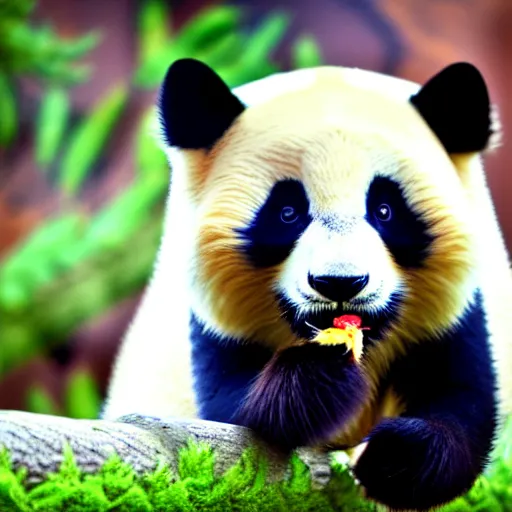 Image similar to cute pandacat, eats bambus, highly detailed, sharp focus, photo taken by nikon, 4 k