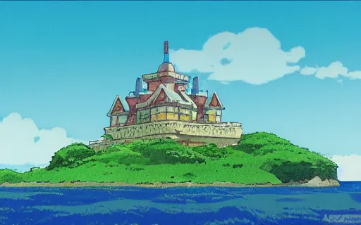 Image similar to an island with a giant castle on top of a giant turtle in the ocean, sunset, drawn by hayao miyazaki, studio ghibli film, hi res, high detail, 4k