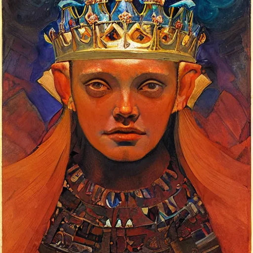 Image similar to the crown of madness, by Annie Swynnerton and Nicholas Roerich and Diego Rivera, bioluminescent skin, elaborate costume, geometric ornament, symbolist, rich color, dramatic cinematic lighting, smooth, sharp focus, extremely detailed