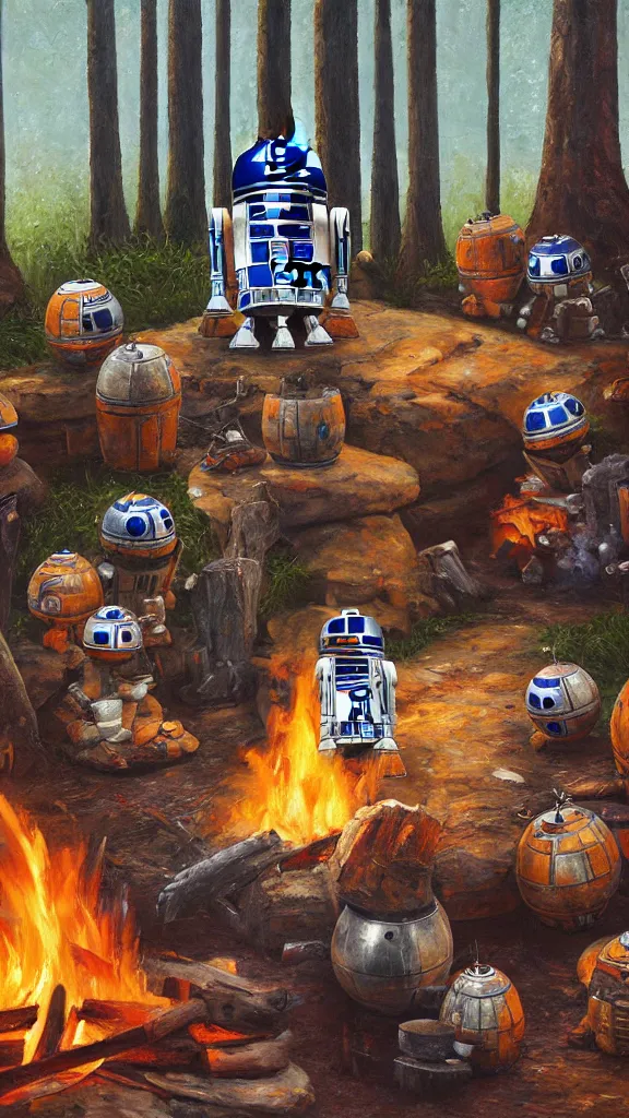 Prompt: an oil painting of r 2 - d 2 sitting by the fire at the ewok encampment, surrounded by ewoks. color harmony, 8 k detail, gallery quality, hd wallpaper, premium prints available, hyper - detailed, intricate design.