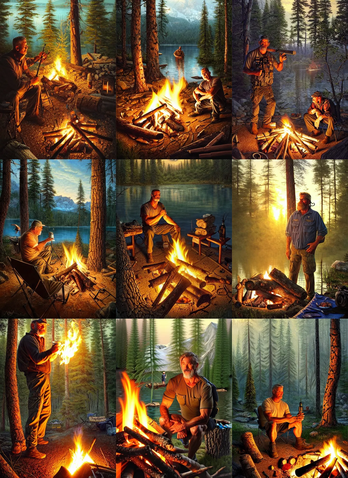Prompt: retired navy seal living off the grid next to a campfire next to a lake next to a log cabin, fantasy magic, light night, intricate, elegant, sharp focus, illustration, highly detailed, digital painting, concept art, matte, art by wlop and artgerm and ivan shishkin and andrey shishkin, masterpiece