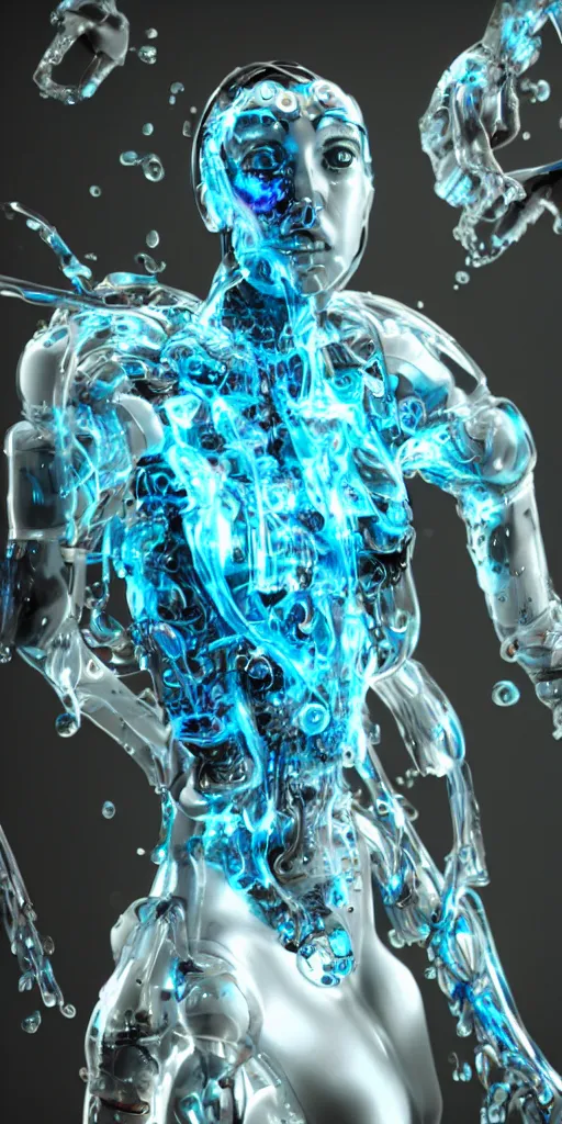 Prompt: a beautiful cyborg made of water