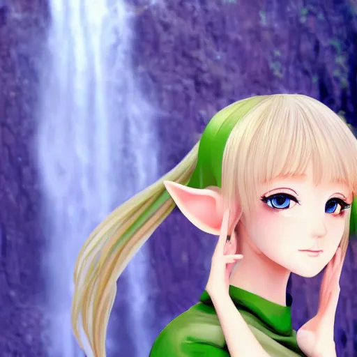 Image similar to beautiful young blonde-haired elf woman tucking her hair behind her ear and wearing a green dress in front of a waterfall, anime art, trending on artstation, super cute, 4k