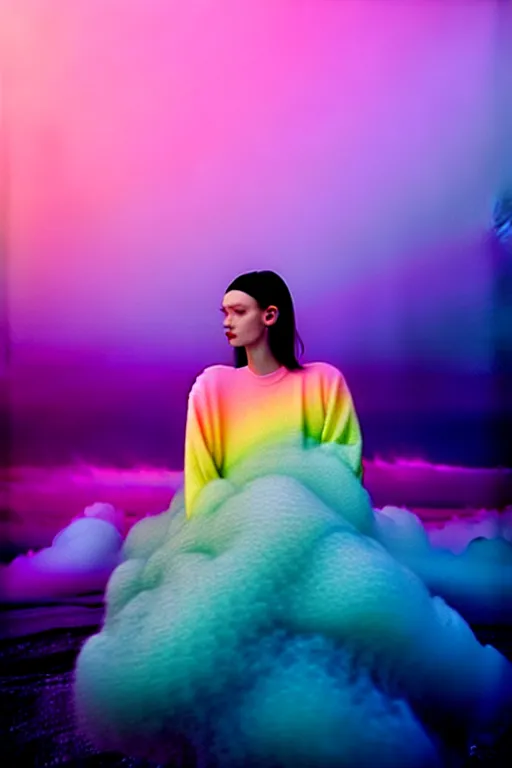 Image similar to high quality pastel coloured film close up wide angle photograph of a model wearing clothing resting on cloud furniture in a icelandic black rock!! environment in a partially haze filled dreamstate world. three point light, rainbow. photographic production. art directed. pastel colours. volumetric clouds. pastel gradient overlay. waves glitch artefacts. extreme facial clarity. 8 k. filmic.