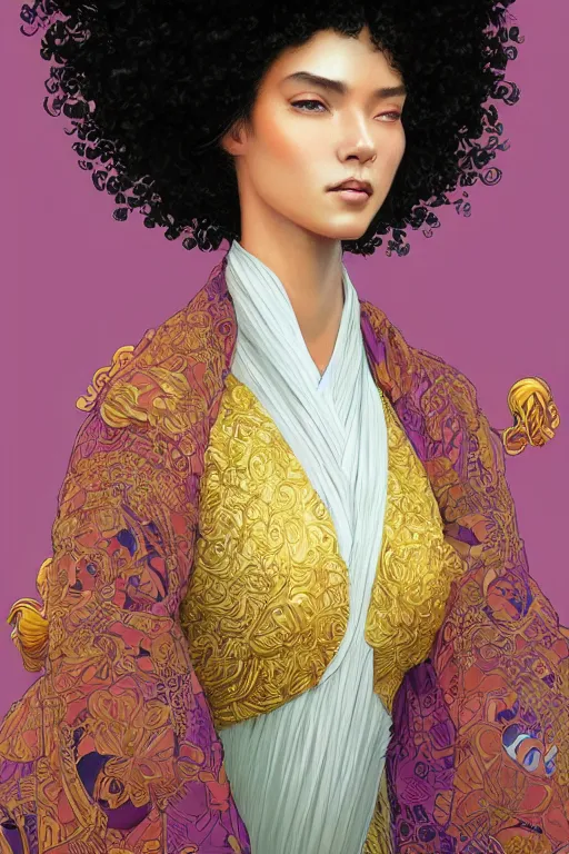 Image similar to ultra realistic illustration, woman with an afro wearing a kimono, sci - fi, fantasy, intricate, elegant, highly detailed, digital painting, artstation, concept art, smooth, sharp focus, illustration, art by artgerm and greg rutkowski and alphonse mucha