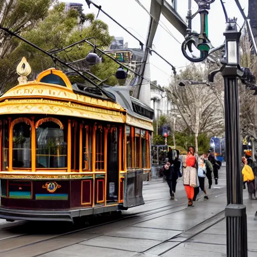 Image similar to on holiday in christchurch new zealand tram painted by alphonse mucha cashel mall hagley park daffodils high quality 8 k render digital fantasy art beautiful stunning. gondola. warm tone. tourism intricate. ornate. wonderful. utopia.