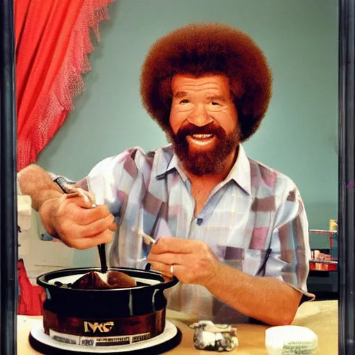 Prompt: Bob Ross painting an ice cream sundae, tv show, 90s, vintage, old-school, artist, brush,