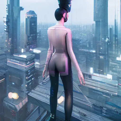 Prompt: portrait of a young cyberpunk woman on top of a building overlooking a city, a view from behind, intricate artwork by tooth wu and wlop and beeple, octane render, hyper realism, 8 k