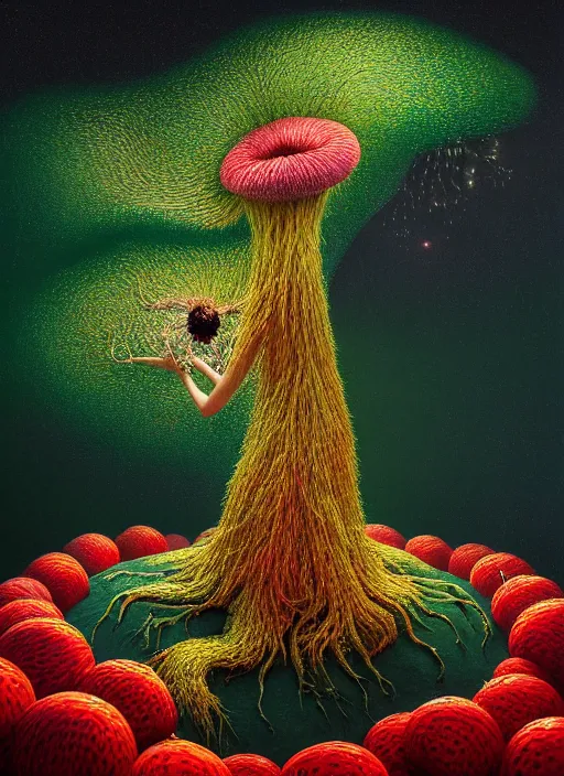 Image similar to hyper detailed 3d render like a Oil painting - Aurora (Singer) Eats of the Strangling Fruit and Her gossamer polyp blossoms bring iridescent fungal flowers whose spores black the foolish stars by Jacek Yerka, Mariusz Lewandowski, Houdini algorithmic generative render, Abstract brush strokes, Masterpiece, Edward Hopper and James Gilleard, Zdzislaw Beksinski, Mark Ryden, Wolfgang Lettl, hints of Yayoi Kasuma, octane render, 8k