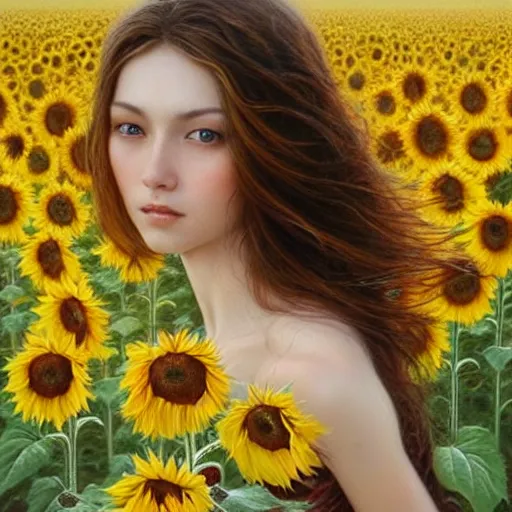 Image similar to a girl slowly walking through amazing tall sunflower field, hair flowing, early morning lighting, elegant, subtle, intricate details, beautiful face!, real masterpiece, oil on canvas, by karol bak, ayami kojima, artgerm, smile, concept art, fantasy