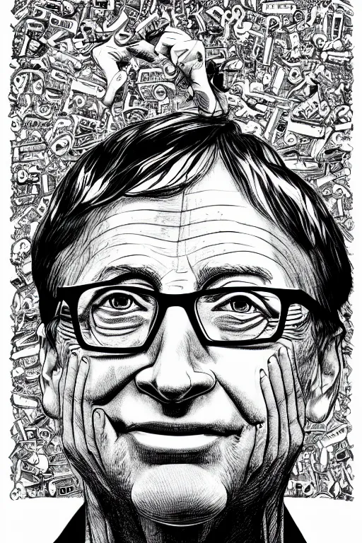 Prompt: Bill Gates full body portrait, body horror, black and white Illustration by Junji Ito