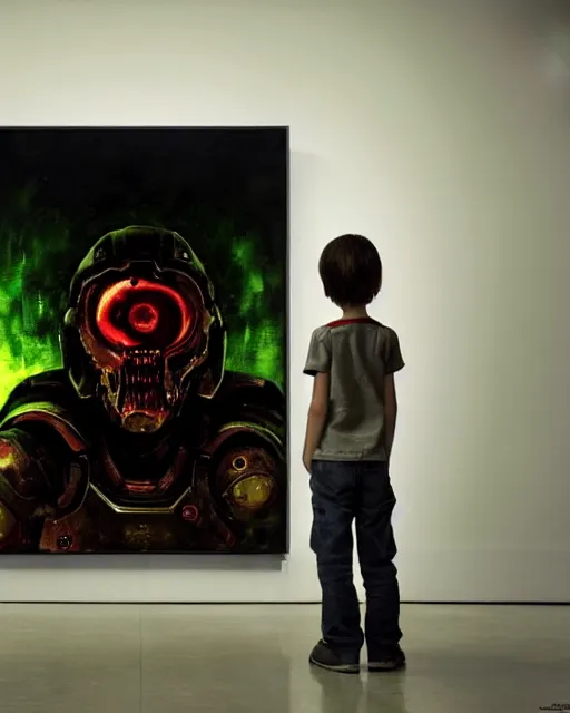 Image similar to an 8 years old enlightened and scared boy standing in front of an old computer with a game doom2 at the monitor screen painted by Adrian Ghenie, by Gerhard Richter. still from a 2021 movie by James Cameron. expressive acrylic oil flowing smudged painting