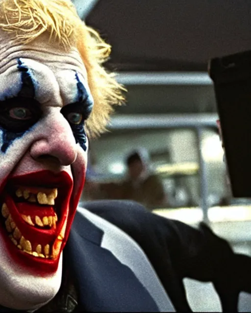 Image similar to film still close - up shot of boris johnson as the joker eating fried chicken from the movie the dark knight. photographic, photography