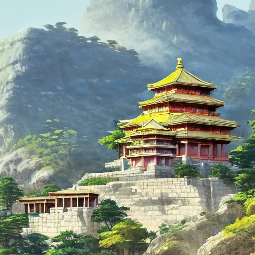 Prompt: concept art painting of a marble temple on top of a mountain, with greek and japanese architecture, overlooking a village in a valley, early morning, realistic, detailed, cel shaded, in the style of makoto shinkai and greg rutkowski and james gurney