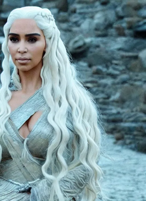 Prompt: film still of beautiful beautiful kim kardashian as daenerys targaryen in game of thrones.