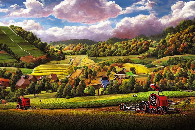 Image similar to digital masterpiece artwork of robots farming on a hillside overlooking a creek, by peter alexander