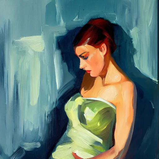 Prompt: an oil on canvas painting of a beautiful feminine woman from the 60's, leaning against the wall, living room, figurative art, studio portrait, detailed, dramatic lighting, beautiful facedeviantart, cgsociety, chiaroscuro, acrylic art, by Elmer Bischoff, by Michael Garmash