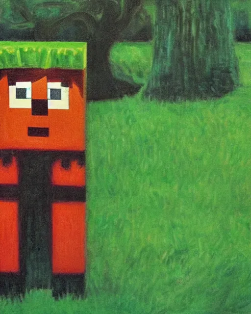 Image similar to minecraft creeper standing in a field by edvard munch