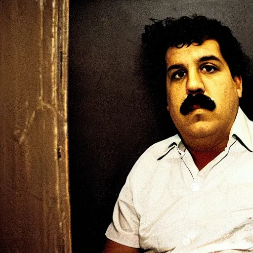 Prompt: Pablo Escobar sitting in expensive and decorated prison cell