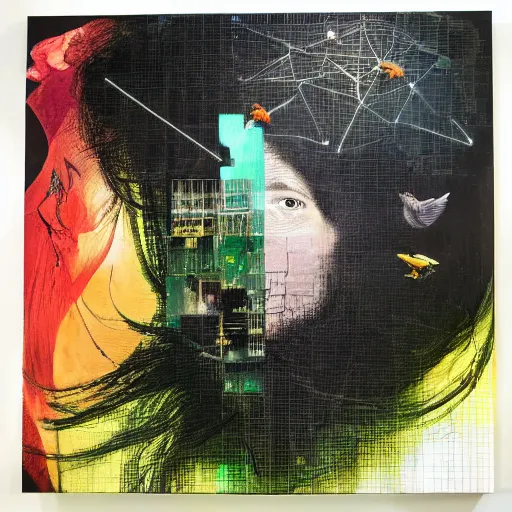 Image similar to a joyful hacker with a subtle beard is surrounded by birds, neon virtual networks, and information visualization, oil on canvas inspired by dave mckean and yoji shinkawa