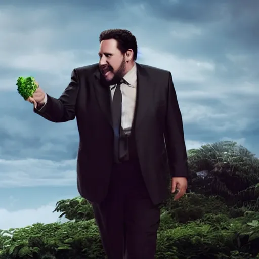 Prompt: Jon Favreau as Happy Hogan wearing a black suit and black necktie climbing a green beanstalk high in the sky of clouds