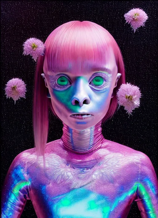 Image similar to hyper detailed 3d render like a Oil painting - kawaii portrait Aurora (an astronaut girl with suit like a skeksis from dark crystal that looks like millie bobby brown and Krysten Ritter) seen Eating of the Strangling network of yellowcake aerochrome and milky Fruit and His delicate Hands hold of gossamer polyp blossoms bring iridescent fungal flowers whose spores black the foolish stars by Jacek Yerka, Ilya Kuvshinov, Mariusz Lewandowski, Houdini algorithmic generative render, Abstract brush strokes, Masterpiece, Edward Hopper and James Gilleard, Zdzislaw Beksinski, Mark Ryden, Wolfgang Lettl, hints of Yayoi Kasuma, octane render, 8k